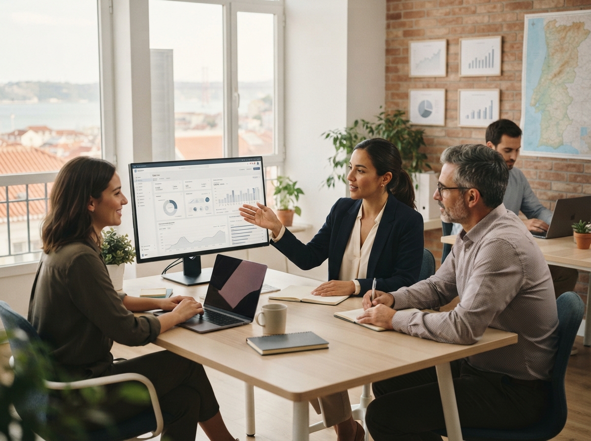 Touro Investório — equipa a analisar indicadores financeiros num ambiente de escritório
